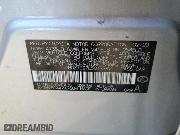 2020 Lexus IS 350 F Sport with VIN JTHGZ1E27L5017792, listed as a Copart auction lot 60219315 with 45,023 mi miles and Salvage title. Bid and sale history available at DreamBid. Image 13.
