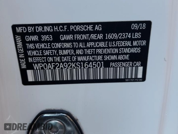 2019 Porsche 911 GT3 RS with VIN WP0AF2A92KS164501, listed as a Copart auction lot 66702654 with 48,180 mi miles and Salvage Title. Bid and sale history available at DreamBid. Image 12.