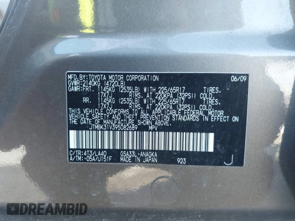2009 Toyota RAV4 Ltd with VIN JTMBK31V395082689, listed as a IAAI auction lot 41509011 with 178,461 mi miles. Bid and sale history available at carsss.com. Image 9.