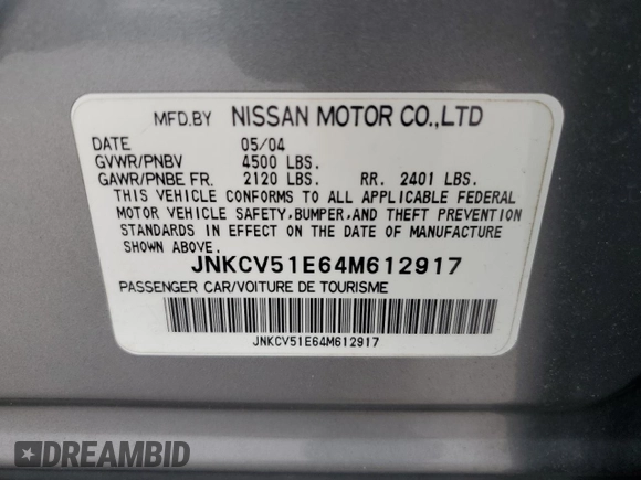 2004 Infiniti G35 w/Leather with VIN JNKCV51E64M612917, listed as a Copart auction lot 53090925 with 85,284 mi miles and Salvage Title. Bid and sale history available at DreamBid. Image 13.