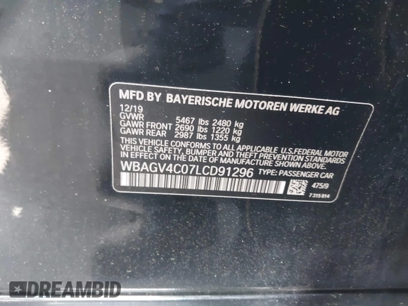2020 BMW 8 Series 840i with VIN WBAGV4C07LCD91296, listed as a IAAI auction lot 41996952 with 35,277 mi miles and . Bid and sale history available at DreamBid. Image 9.