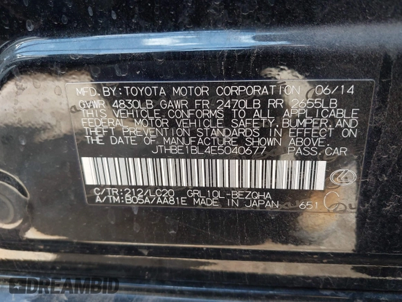 2014 Lexus GS 350 z VIN JTHBE1BL4E5040677, wystawiony jako IAAI lot #42619455 z przebiegiem 160 436 mil mil oraz . Historia ofert i sprzedaży dostępna na DreamBid. Obrazek 9.