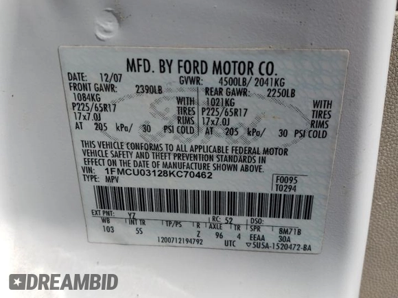 2008 Ford Escape XLT с VIN 1FMCU03128KC70462, выставлен на аукционе Copart как лот 57118055 с пробегом 215 790 миль миль и Списание • Salvage title. История ставок и продаж доступна на DreamBid. Изображение 13.