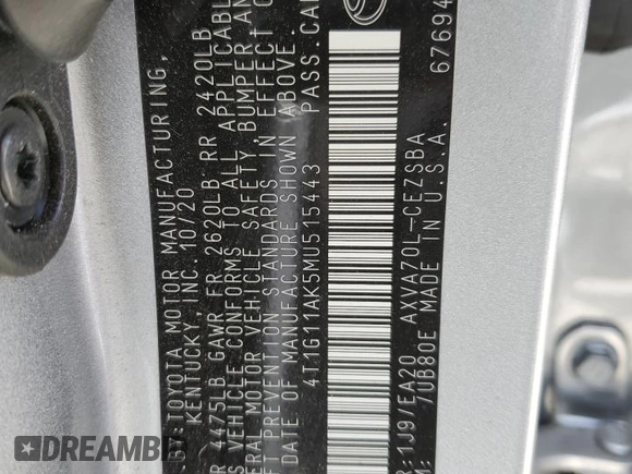 2021 Toyota Camry SE Nightshade with VIN 4T1G11AK5MU515443, listed as a Copart auction lot 52325085 with 55,963 mi miles and Salvage Title. Bid and sale history available at DreamBid. Image 15.