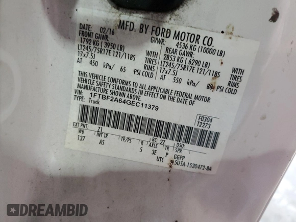 2016 Ford F-250 XL with VIN 1FTBF2A64GEC11379, listed as a Copart auction lot 57287055 with Not provided miles and Clean title. Bid and sale history available at DreamBid. Image 12.