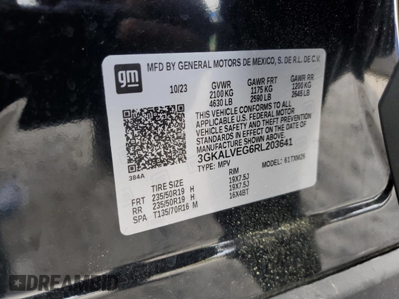 2024 GMC Terrain SLT with VIN 3GKALVEG6RL203641, listed as a Copart auction lot 53974855 with 37,997 mi miles and Salvage title. Bid and sale history available at DreamBid. Image 13.