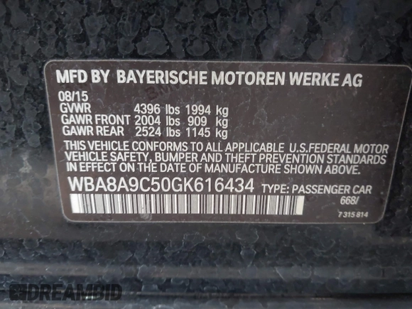 2016 BMW 3 Series 320i z VIN WBA8A9C50GK616434, wystawiony jako IAAI lot #42342037 z przebiegiem 198 579 mil mil oraz . Historia ofert i sprzedaży dostępna na DreamBid. Obrazek 9.