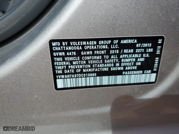 2013 Volkswagen Passat S w/Appearance with VIN 1VWAH7A37DC013960, listed as a Copart auction lot 50190775 with 110,656 mi miles and Non Repairable. Bid and sale history available at carsss.com. Image 14.
