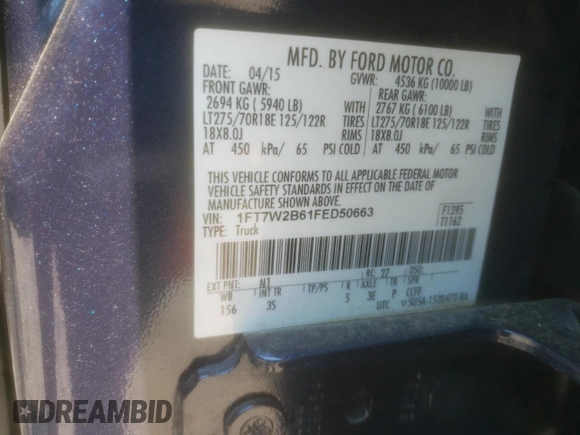 2015 Ford F-250 Lariat with VIN 1FT7W2B61FED50663, listed as a Copart auction lot 58500885 with 261,619 mi miles and Salvage title. Bid and sale history available at DreamBid. Image 13.