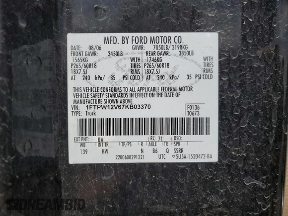 2007 Ford F-150 XLT with VIN 1FTPW12V67KB03370, listed as a Copart auction lot 54093395 with 194,945 mi miles and Salvage Title. Bid and sale history available at carsss.com. Image 12.