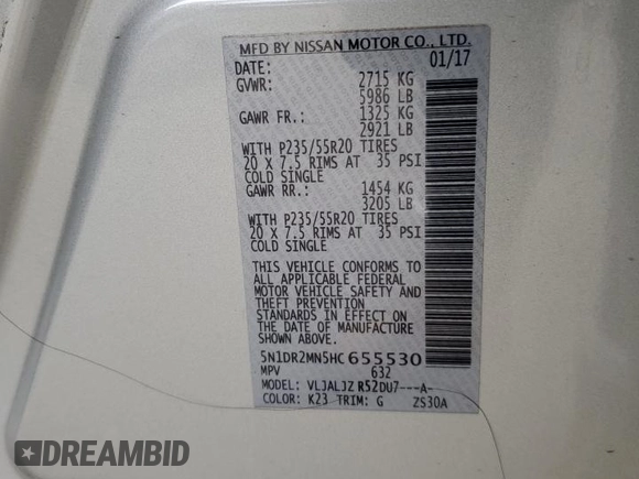 2017 Nissan Pathfinder SL with VIN 5N1DR2MN5HC655530, listed as a Copart auction lot 44841365 with 72,954 mi miles and Salvage title. Bid and sale history available at DreamBid. Image 13.