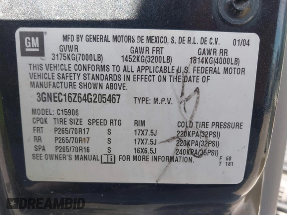 2004 Chevrolet Suburban LS with VIN 3GNEC16Z64G205467, listed as a IAAI auction lot 41294298 with 224,439 mi miles. Bid and sale history available at carsss.com. Image 9.