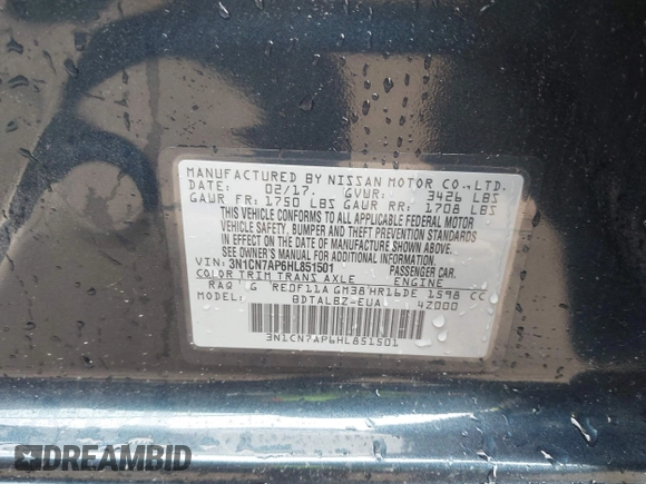 2017 Nissan Versa SV with VIN 3N1CN7AP6HL851501, listed as a IAAI auction lot 42293545 with 94,953 mi miles and . Bid and sale history available at DreamBid. Image 9.