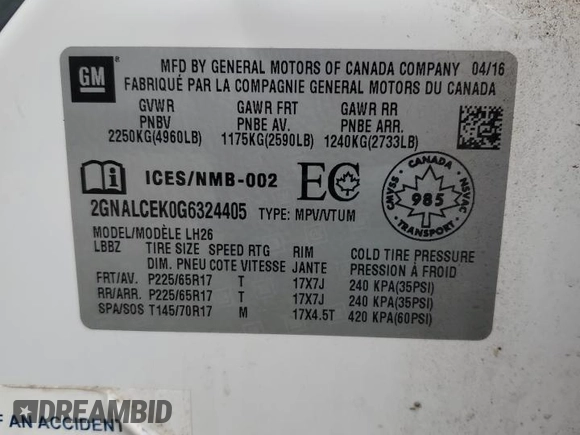 2016 Chevrolet Equinox LT with VIN 2GNALCEK0G6324405, listed as a Copart auction lot 55565095 with 160,325 mi miles and Clean Title. Bid and sale history available at DreamBid. Image 13.