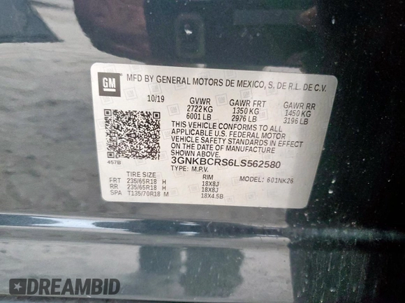2020 Chevrolet Blazer LT with VIN 3GNKBCRS6LS562580, listed as a Copart auction lot 60631945 with 117,993 mi miles and Salvage title. Bid and sale history available at DreamBid. Image 14.