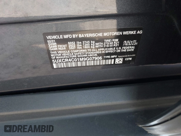 2021 BMW X5 sDrive40i with VIN 5UXCR4C01M9G07906, listed as a IAAI auction lot 41847036 with 16,307 mi miles. Bid and sale history available at carsss.com. Image 9.