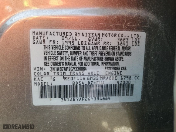 2016 Nissan Sentra SL with VIN 3N1AB7AP2GY336884, listed as a Copart auction lot 48167485 with 104,362 mi miles and Salvage Title. Bid and sale history available at carsss.com. Image 12.