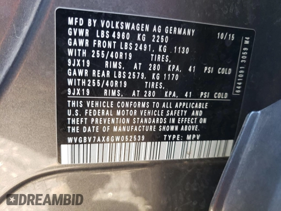 2016 Volkswagen Tiguan SE with VIN WVGBV7AX6GW052539, listed as a Copart auction lot 70010574 with 124,622 mi miles and Clean Title. Bid and sale history available at DreamBid. Image 15.