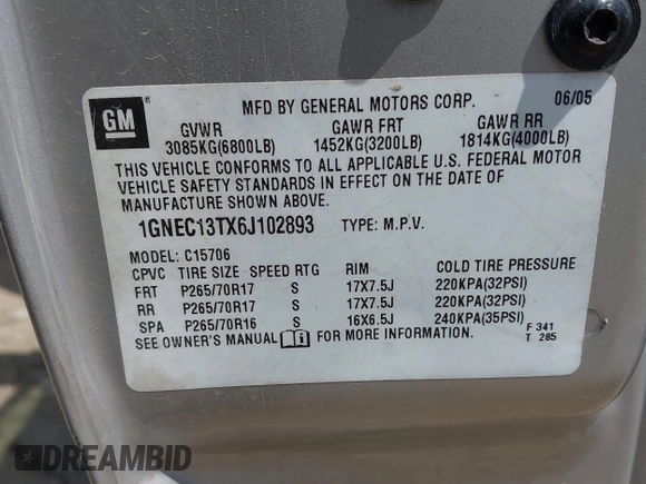 2006 Chevrolet Tahoe Z71 with VIN 1GNEC13TX6J102893, listed as a IAAI auction lot 41984796 with 273,925 mi miles and . Bid and sale history available at DreamBid. Image 9.