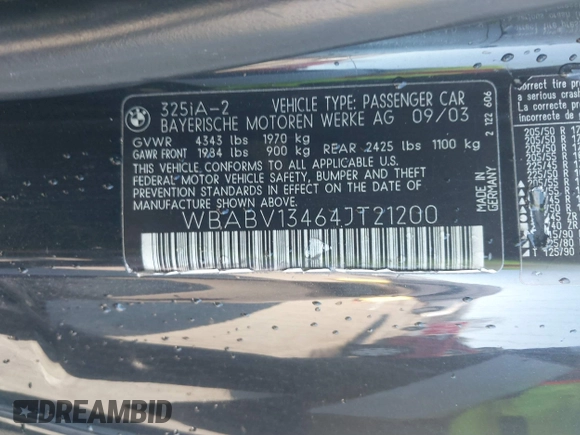 2004 BMW 3 Series 325Ci с VIN WBABV13464JT21200, выставлен на аукционе IAAI как лот 41637957 с пробегом 301 778 миль миль и . История ставок и продаж доступна на DreamBid. Изображение 9.