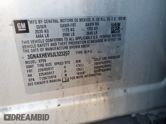 2018 Chevrolet Equinox LS with VIN 3GNAXHEV9JL323297, listed as a Copart auction lot 50613015 with 90,689 mi miles and Salvage Title. Bid and sale history available at DreamBid. Image 15.