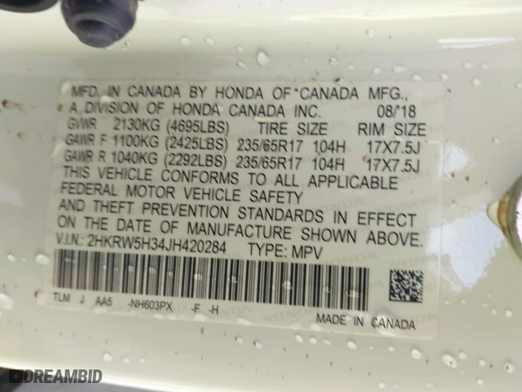 2018 Honda CR-V LX with VIN 2HKRW5H34JH420284, listed as a IAAI auction lot 41847512 with 98,252 mi miles. Bid and sale history available at carsss.com. Image 9.