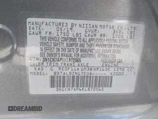 2019 Nissan Versa SV with VIN 3N1CN7AP6KL872565, listed as a IAAI auction lot 42194591 with 86,504 mi miles and . Bid and sale history available at DreamBid. Image 9.