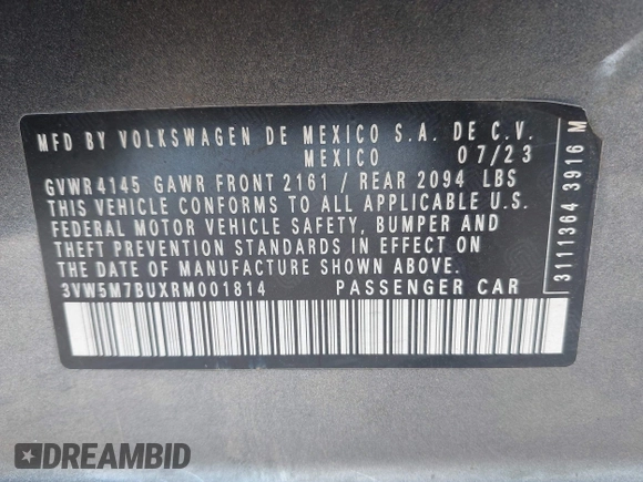 2024 Volkswagen Jetta S с VIN 3VW5M7BUXRM001814, выставлен на аукционе IAAI как лот 42643895 с пробегом 53 477 миль миль и . История ставок и продаж доступна на DreamBid. Изображение 9.