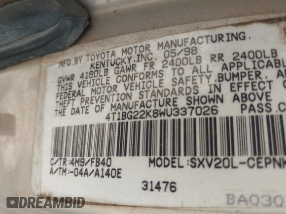 1998 Toyota Camry LE с VIN 4T1BG22K8WU337026, выставлен на аукционе IAAI как лот 42298457 с пробегом Не указан миль и . История ставок и продаж доступна на DreamBid. Изображение 9.