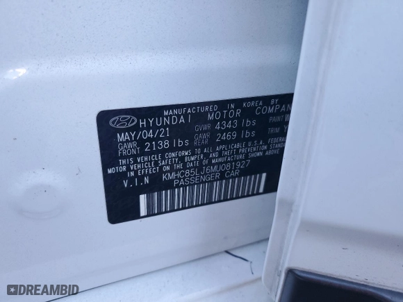 2021 Hyundai Ioniq Electric Limited with VIN KMHC85LJ6MU081927, listed as a Copart auction lot 83955944 with 27,324 mi miles and Salvage Title. Bid and sale history available at carsss.com. Image 14.