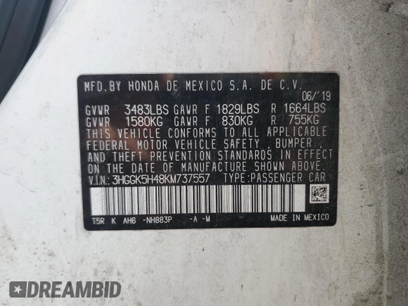 2019 Honda Fit LX with VIN 3HGGK5H48KM737557, listed as a Copart auction lot 55716935 with 123,210 mi miles and Salvage title. Bid and sale history available at DreamBid. Image 12.