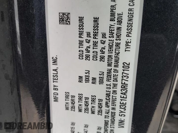 2024 Tesla Model 3 with VIN 5YJ3E1EA3RF737102, listed as a Copart auction lot 55321685 with 9,638 mi miles and Salvage Title. Bid and sale history available at carsss.com. Image 12.