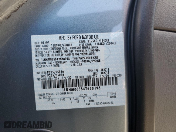 2004 Lincoln LS Luxury with VIN 1LNHM86S84Y688198, listed as a Copart auction lot 75727414 with 188,528 mi miles and Salvage Title. Bid and sale history available at DreamBid. Image 14.