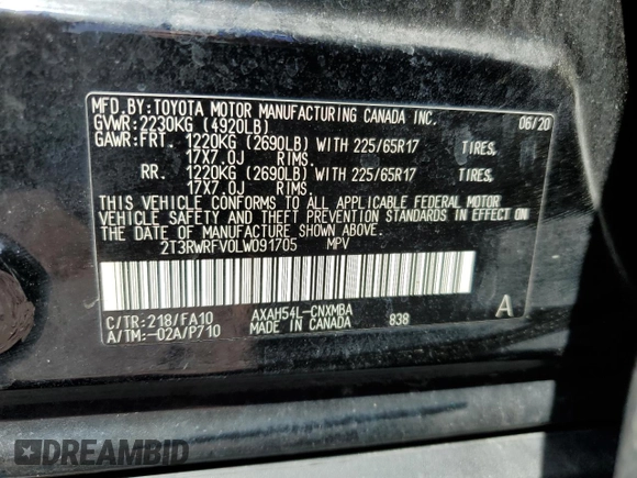 2020 Toyota RAV4 Hybrid XLE with VIN 2T3RWRFV0LW091705, listed as a Copart auction lot 58636775 with 68,534 mi miles and Salvage title. Bid and sale history available at DreamBid. Image 13.