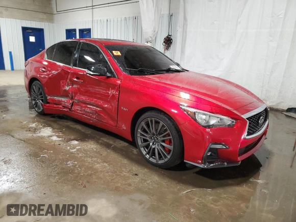 2020 Infiniti Q50 Red Sport 400 with VIN JN1FV7AR7LM660179, listed as a Copart auction lot 89016435 with 33,500 mi miles and Salvage Title. Bid and sale history available at carsss.com. Image 4.