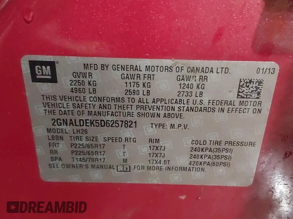 2013 Chevrolet Equinox LT with VIN 2GNALDEK5D6257821, listed as a IAAI auction lot 41709959 with 138,744 mi miles. Bid and sale history available at carsss.com. Image 9.
