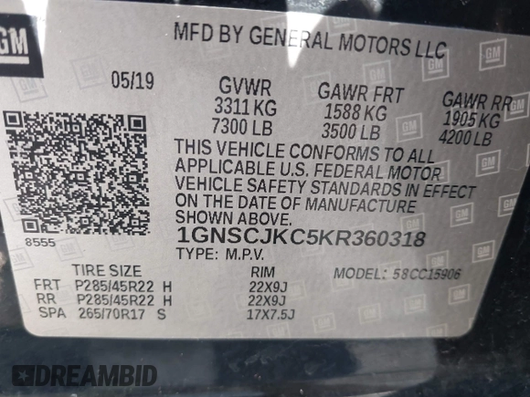 2019 Chevrolet Suburban LT with VIN 1GNSCJKC5KR360318, listed as a IAAI auction lot 41504344 with 82,997 mi miles and . Bid and sale history available at DreamBid. Image 9.