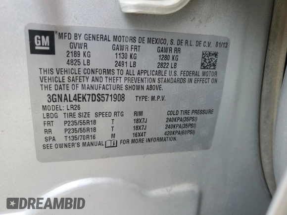 2013 Chevrolet Captiva Sport LTZ z VIN 3GNAL4EK7DS571908, wystawiony jako Copart lot #55936665 z przebiegiem 146 781 mil mil oraz Szkoda całkowita • Salvage title. Historia ofert i sprzedaży dostępna na DreamBid. Obrazek 14.