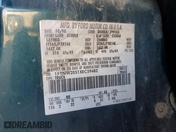 1999 Ford F-250 XL с VIN 1FTNW20S1XEC59482, выставлен на аукционе Copart как лот 82461864 с пробегом 185 962 миль миль и Чистый • Clean title. История ставок и продаж доступна на DreamBid. Изображение 12.