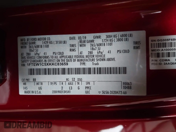 2019 Ford F-150 XL с VIN 1FTEW1C5XKKC83659, выставлен на аукционе IAAI как лот 42105539 с пробегом 114 965 миль миль и . История ставок и продаж доступна на DreamBid. Изображение 9.