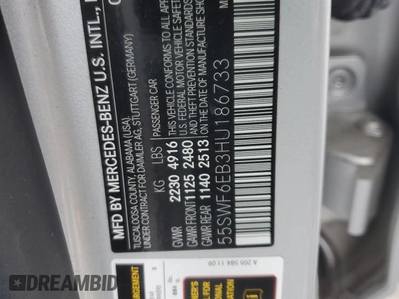 2017 Mercedes-Benz C 43 AMG with VIN 55SWF6EB3HU186733, listed as a Copart auction lot 44679185 with 47,889 mi miles and Salvage Title. Bid and sale history available at DreamBid. Image 12.