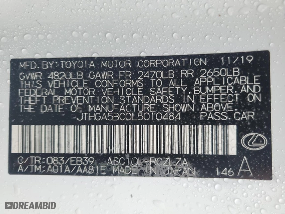 2020 Lexus RC with VIN JTHGA5BC0L5010484, listed as a Copart auction lot 82191544 with 39,411 mi miles and Salvage Title. Bid and sale history available at carsss.com. Image 13.