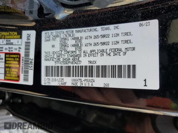 2023 Toyota Tundra Capstone Hybrid with VIN 5TFVC5DB2PX034237, listed as a Copart auction lot 85544274 with 35,236 mi miles and Salvage title. Bid and sale history available at DreamBid. Image 13.