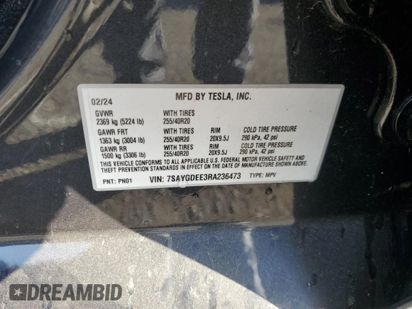 2024 Tesla Model Y Long Range с VIN 7SAYGDEE3RA236473, выставлен на аукционе Copart как лот 77409334 с пробегом 5 822 миль миль и Списание • Salvage title. История ставок и продаж доступна на DreamBid. Изображение 15.