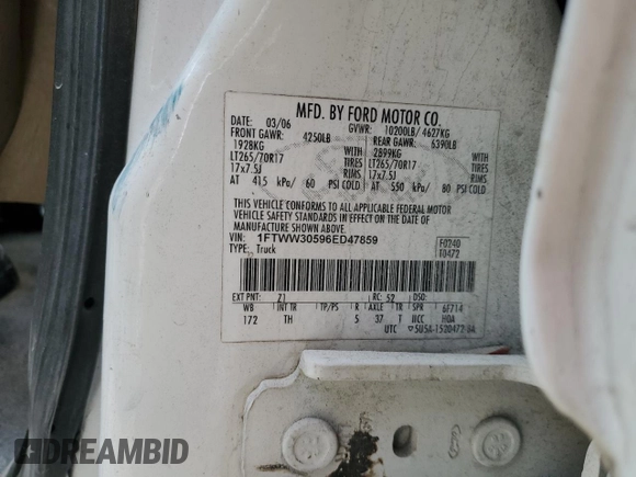 2006 Ford F-350 with VIN 1FTWW30596ED47859, listed as a Copart auction lot 89128145 with Not provided miles and Salvage title. Bid and sale history available at DreamBid. Image 12.