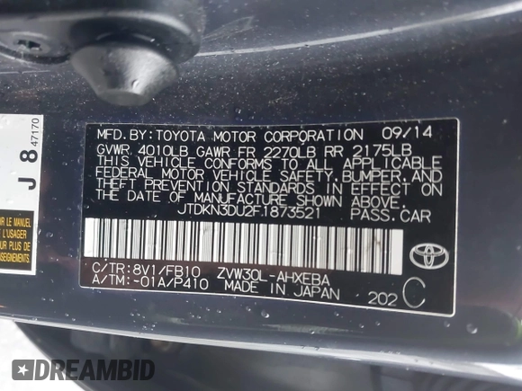 2015 Toyota Prius Four with VIN JTDKN3DU2F1873521, listed as a IAAI auction lot 41983831 with 107,653 mi miles and . Bid and sale history available at DreamBid. Image 9.
