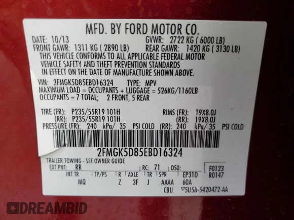 2014 Ford Flex Limited with VIN 2FMGK5D85EBD16324, listed as a Copart auction lot 42413625 with 123,538 mi miles and Salvage Title. Bid and sale history available at carsss.com. Image 15.