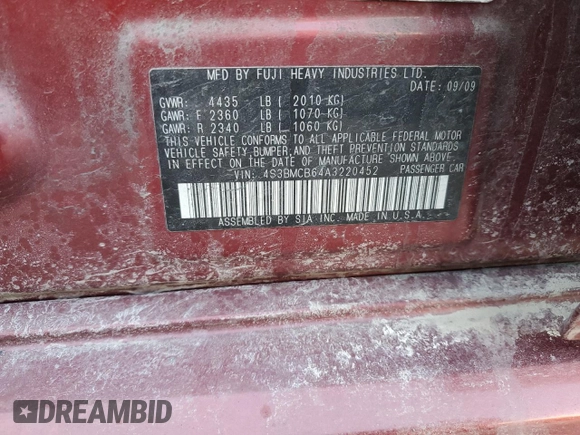 2010 Subaru Legacy Premium with VIN 4S3BMCB64A3220452, listed as a Copart auction lot 47493395 with 178,652 mi miles and Salvage title. Bid and sale history available at DreamBid. Image 15.