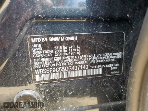 2016 BMW M6 with VIN WBS6E9C55GG437140, listed as a Copart auction lot 62839105 with Not provided miles and Clean title. Bid and sale history available at DreamBid. Image 12.