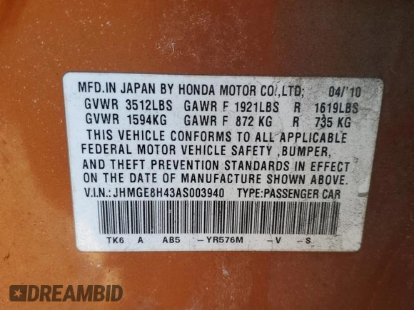 2010 Honda Fit Sport with VIN JHMGE8H43AS003940, listed as a Copart auction lot 51566795 with 181,050 mi miles and Non Repairable. Bid and sale history available at carsss.com. Image 12.